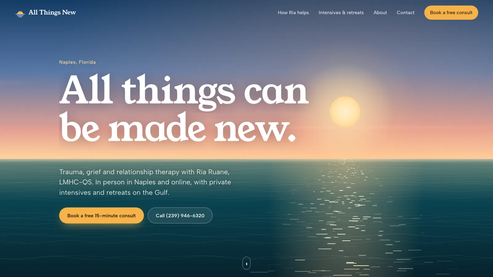 Calm, sunrise-lit site for a Florida therapist desktop website screenshot