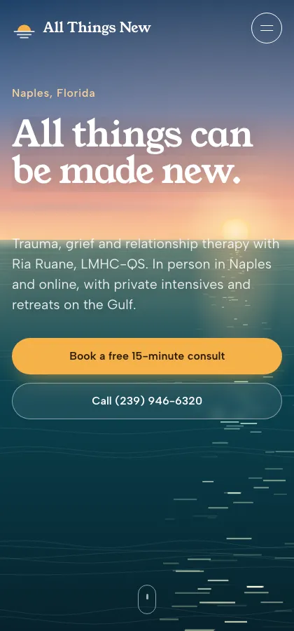 Calm, sunrise-lit site for a Florida therapist mobile website screenshot