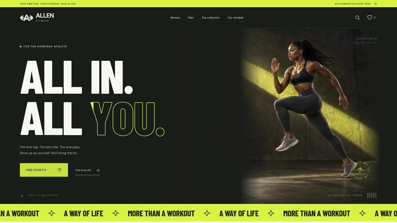 High-energy activewear store desktop website screenshot