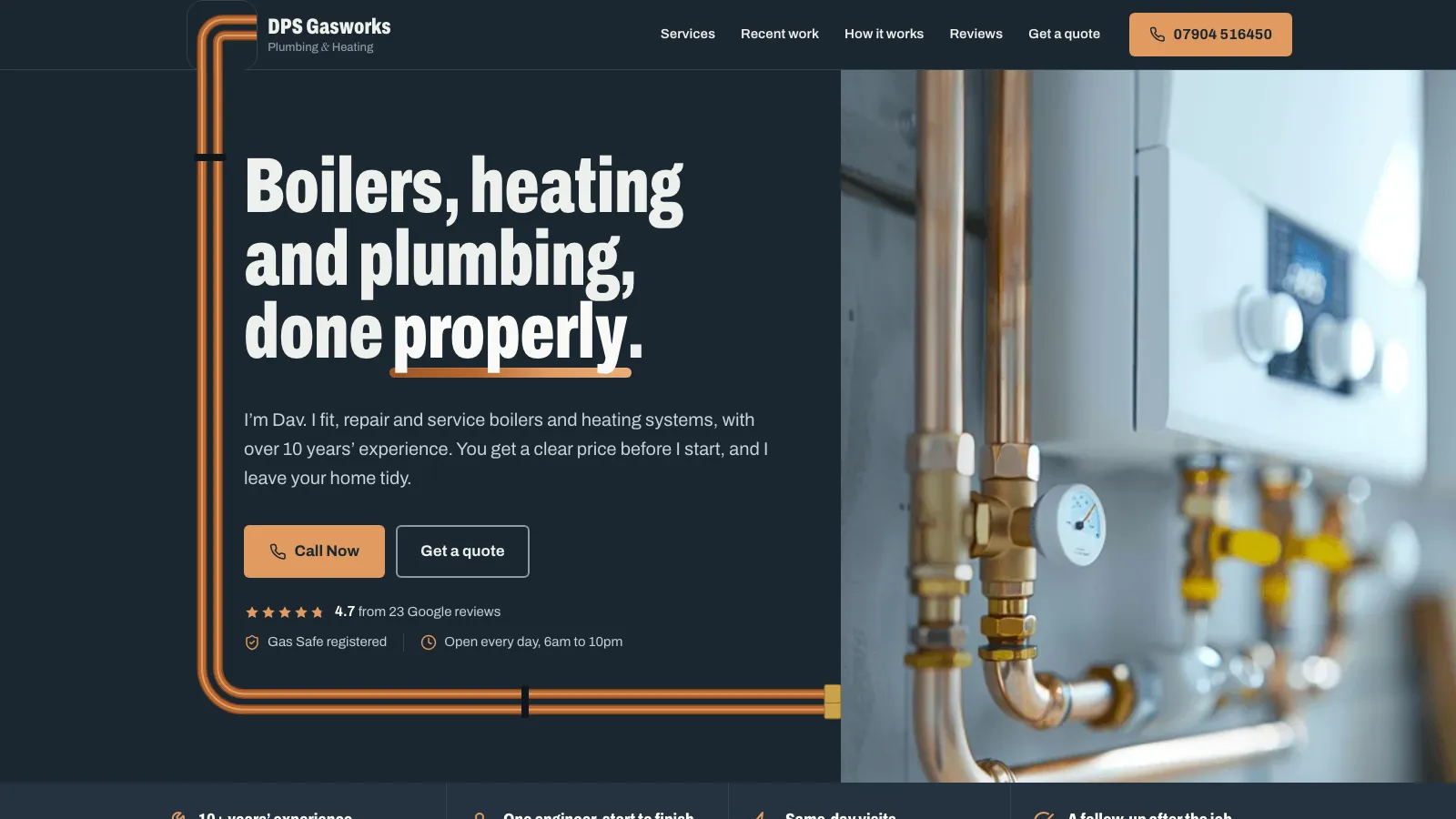 Gas Safe engineer's site built around the phone desktop website screenshot