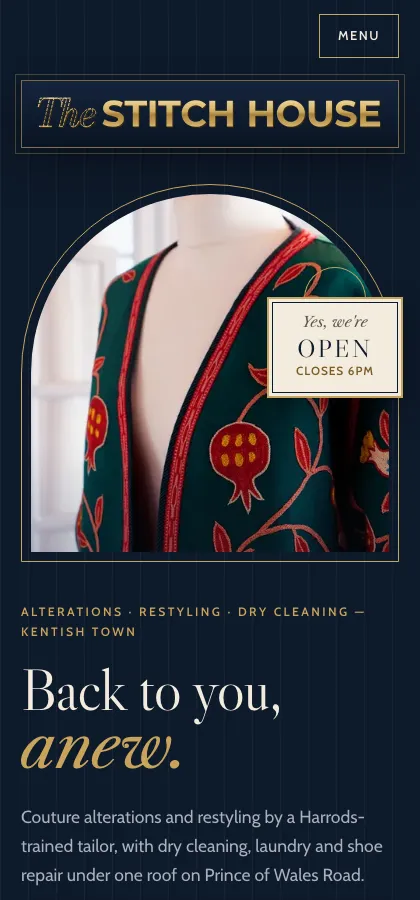The Stitch House, a demo website for a tailoring and dry cleaning business