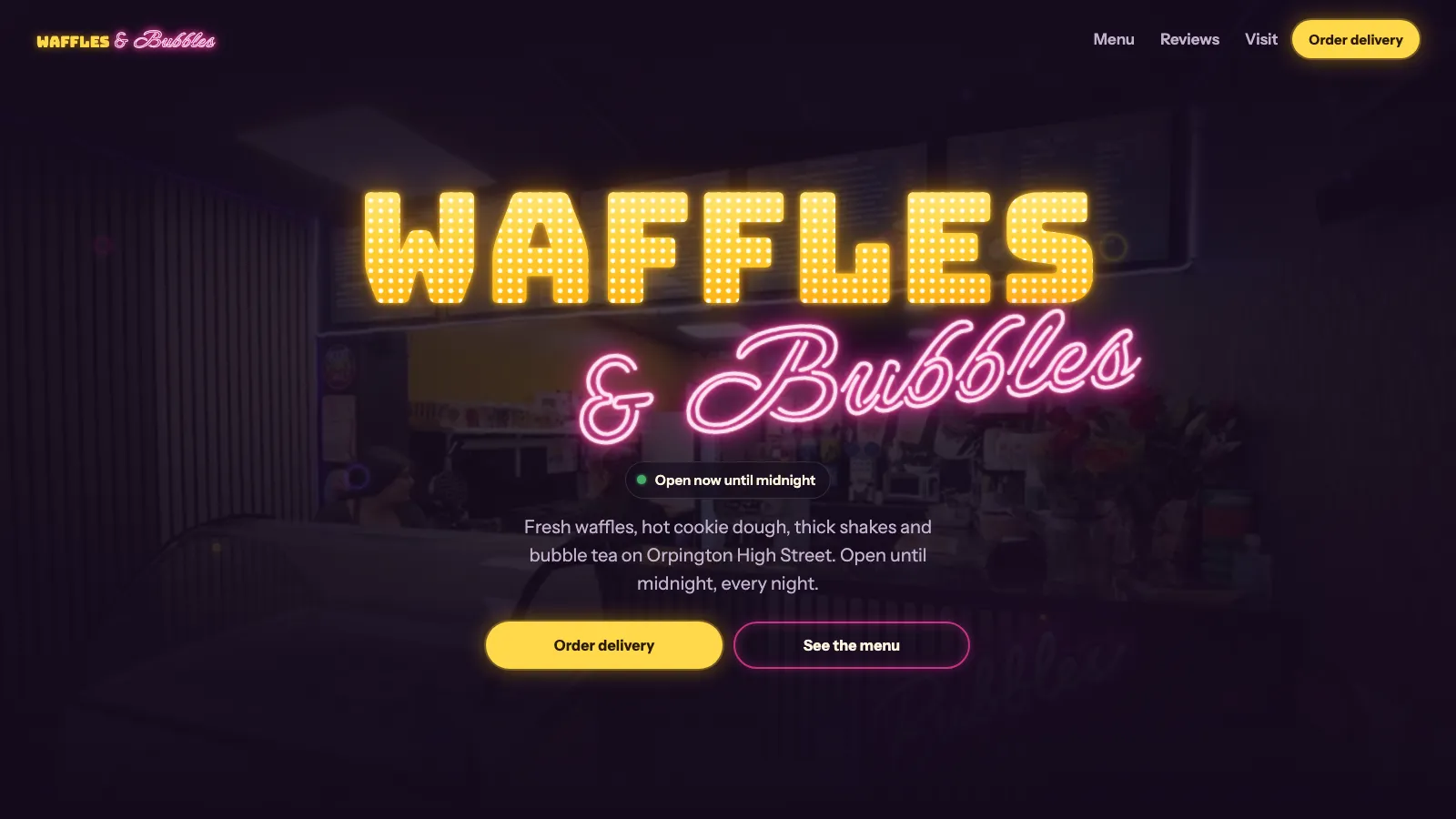 Neon site for a late-night dessert shop desktop website screenshot
