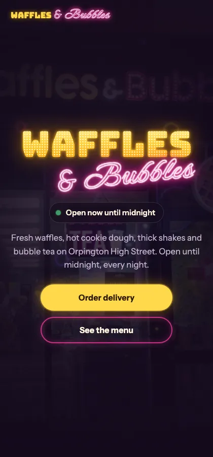 Neon site for a late-night dessert shop mobile website screenshot