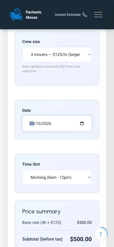The estimate form showing crew size, date, time slot and a running price summary