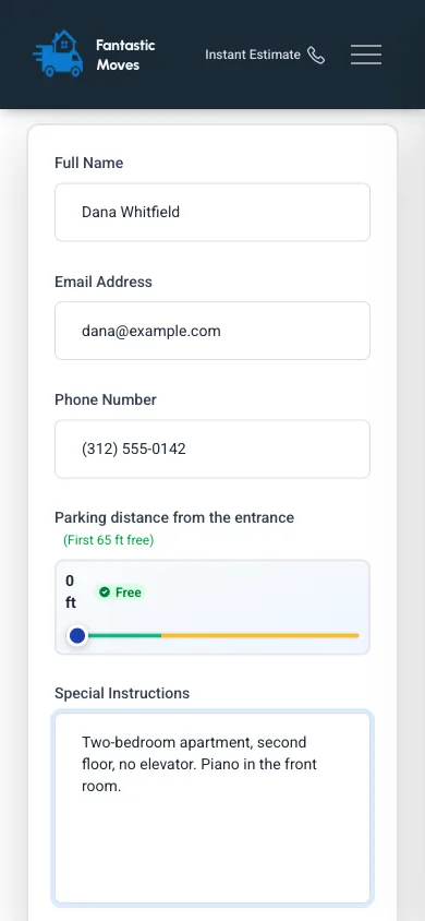 The contact step of the estimate form with name, email, phone and special instructions