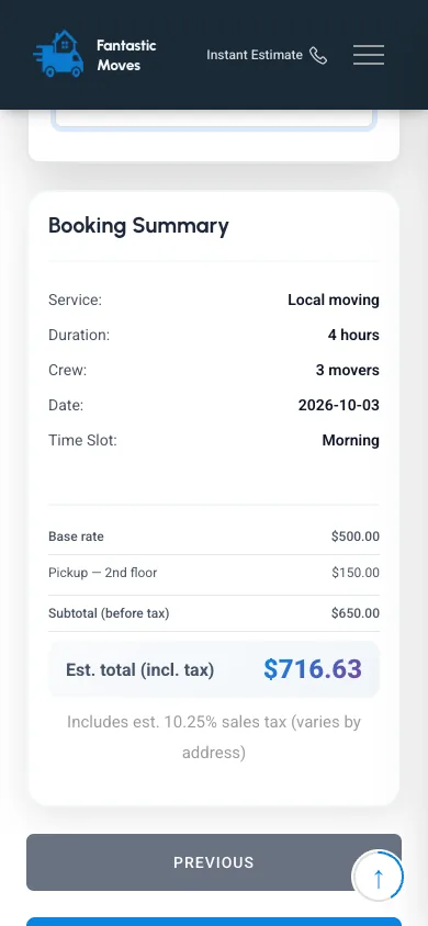 A booking summary showing the service, duration, crew, date and estimated total